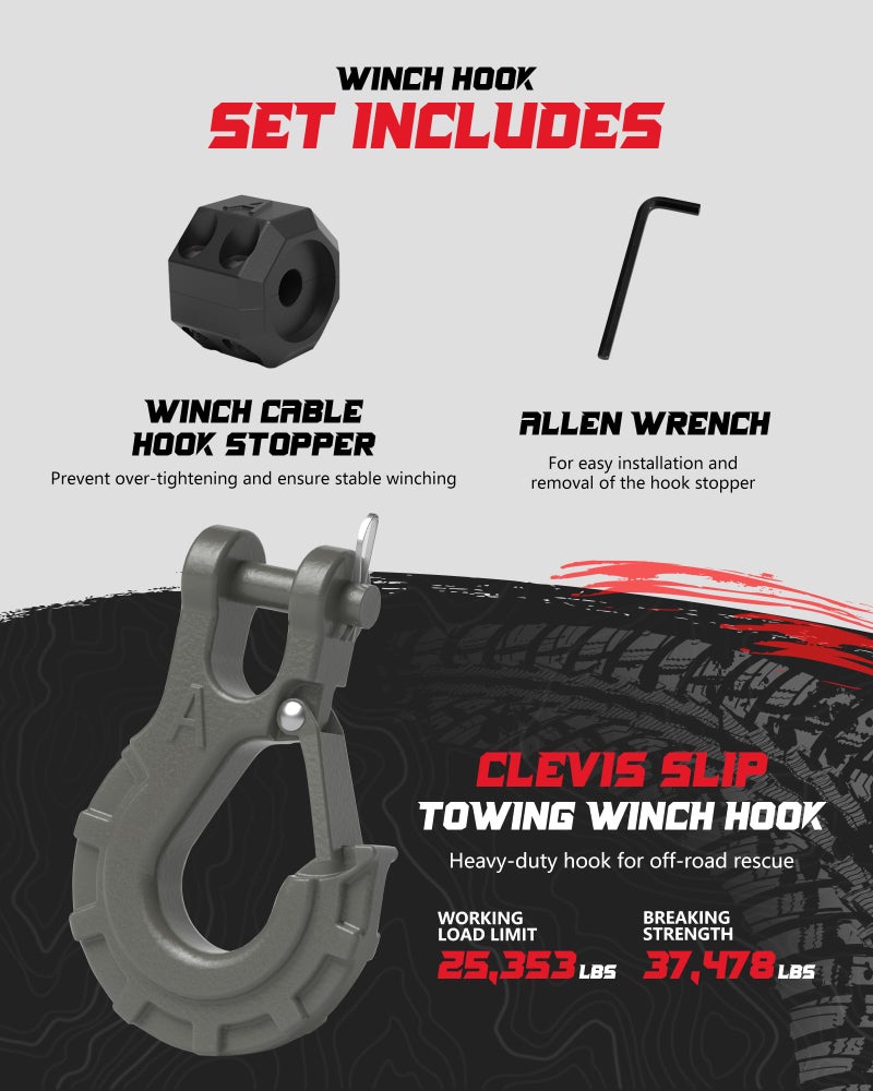 AMBULL 3/8" Winch Hook & Winch Cable Hook Stopper Sets, Heavy Duty Grade 70 Forged Steel Recovery Hook with Safety Latch, Included Allen Wrench,Max 37,478 Lbs, Grey - Image 3